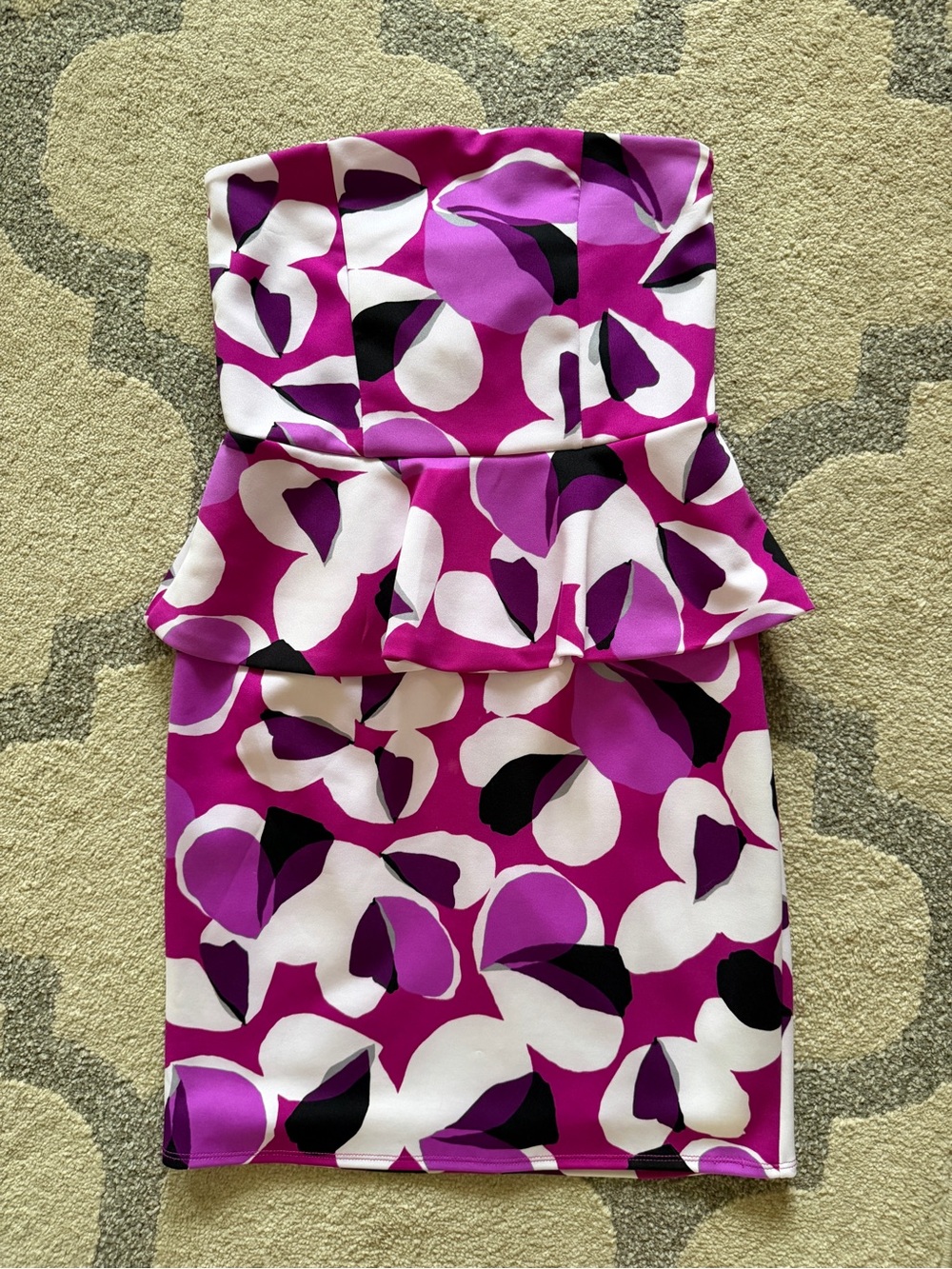 Worthington-Strapless Peplum  dress - Abstract  Print, Size:  6 , Black& Purple